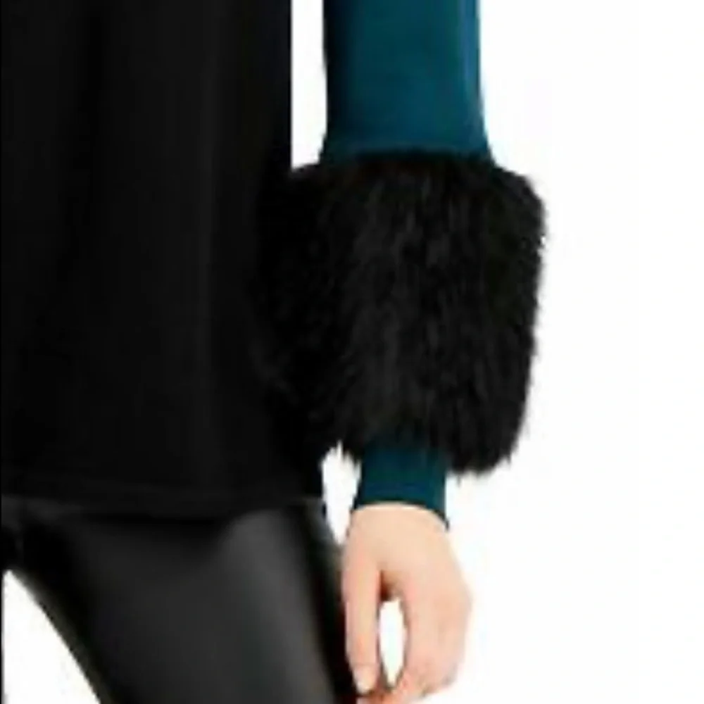 NWOT Alfani Black Teal Chic Stylish Sweater Faux Fur Cuffs Size M. - Picture 2 of 7